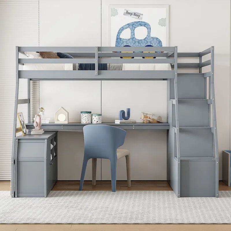 Gray Full Pine Loft Bed with Desk and Storage
