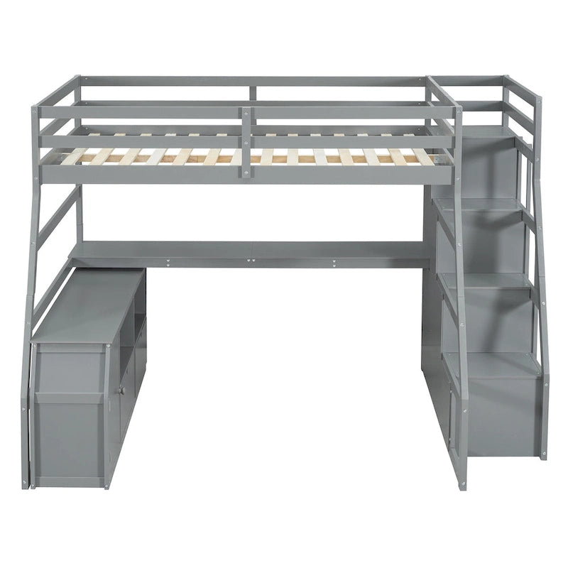 Gray Full Pine Loft Bed with Desk and Storage