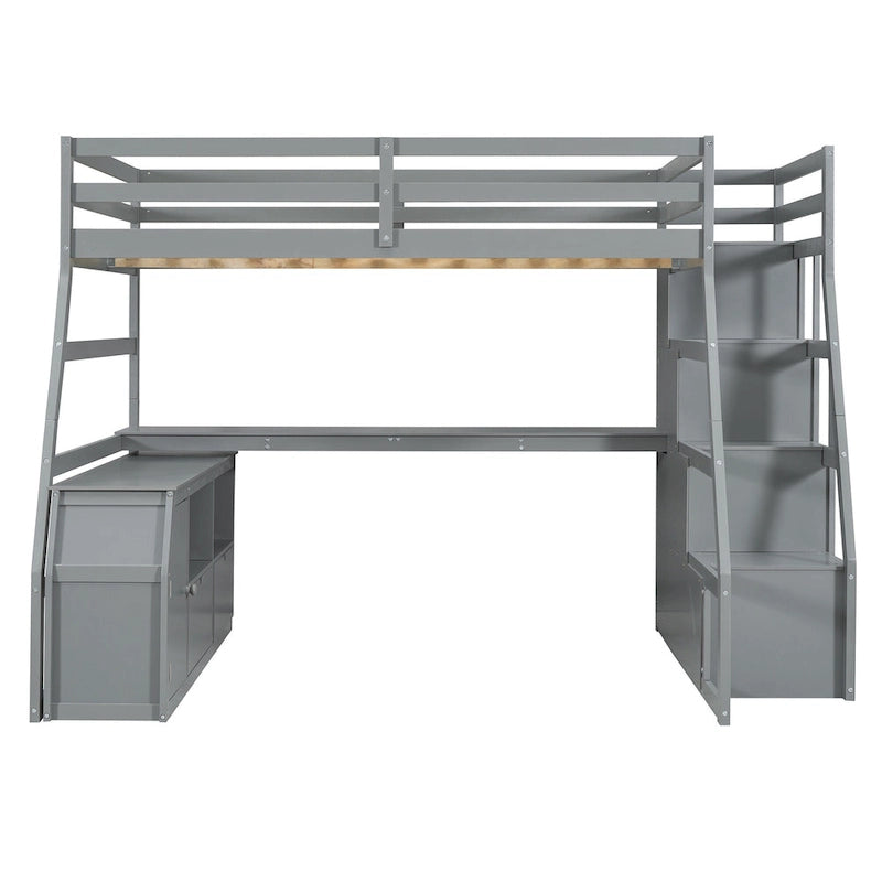 Gray Full Pine Loft Bed with Desk and Storage