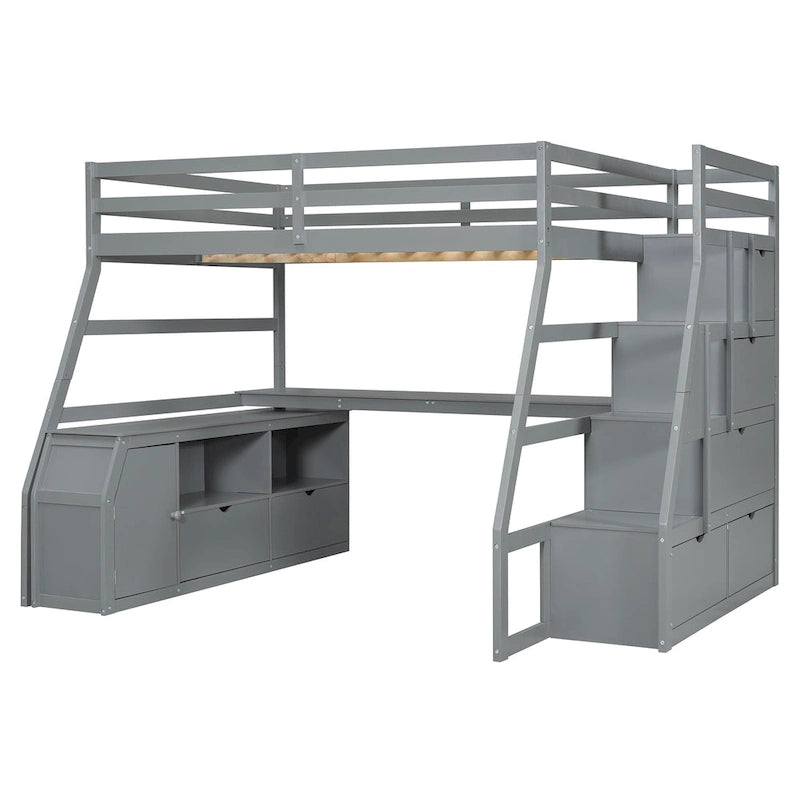 Gray Full Pine Loft Bed with Desk and Storage
