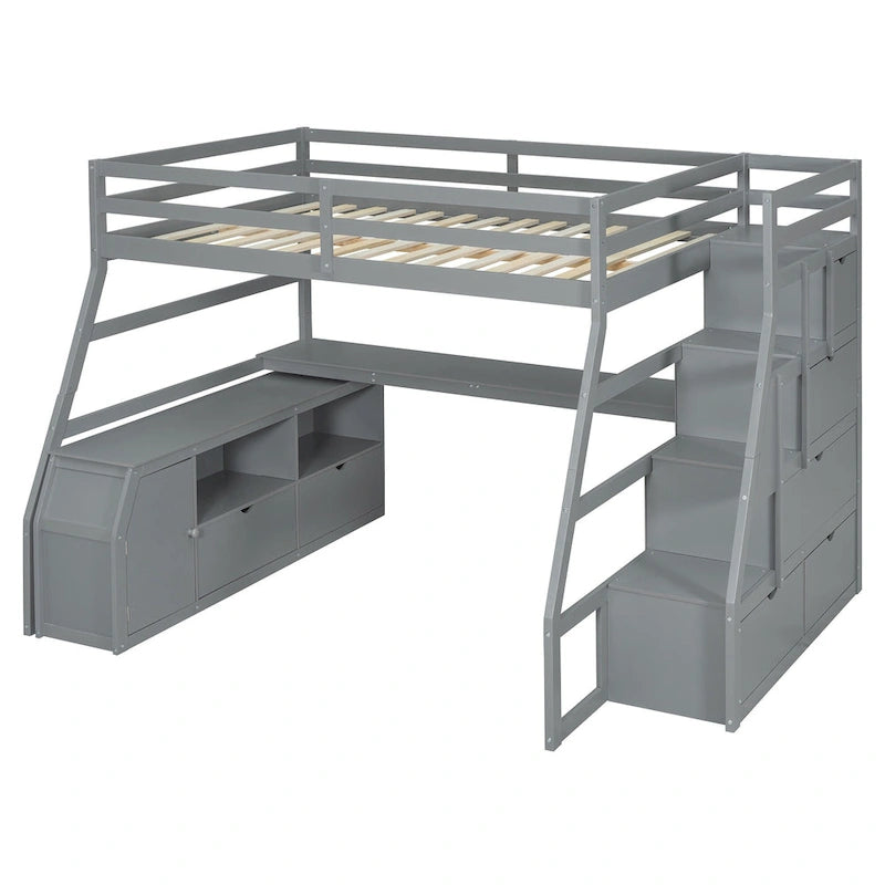 Gray Full Pine Loft Bed with Desk and Storage