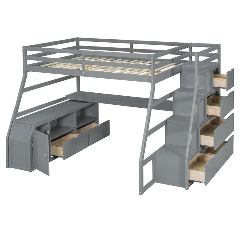 Gray Full Pine Loft Bed with Desk and Storage