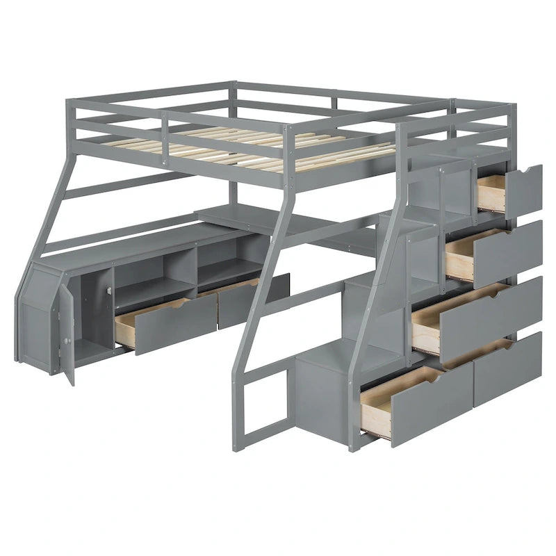 Gray Full Pine Loft Bed with Desk and Storage
