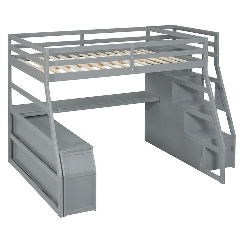 Gray Full Pine Loft Bed with Desk and Storage