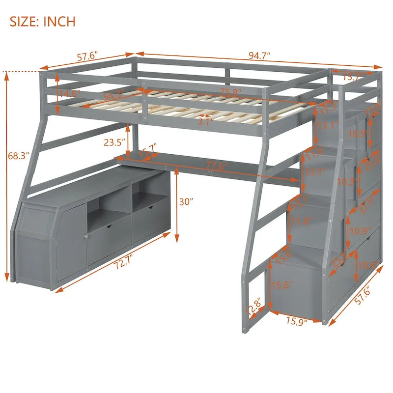 Gray Full Pine Loft Bed with Desk and Storage