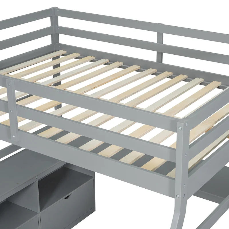 Gray Full Pine Loft Bed with Desk and Storage