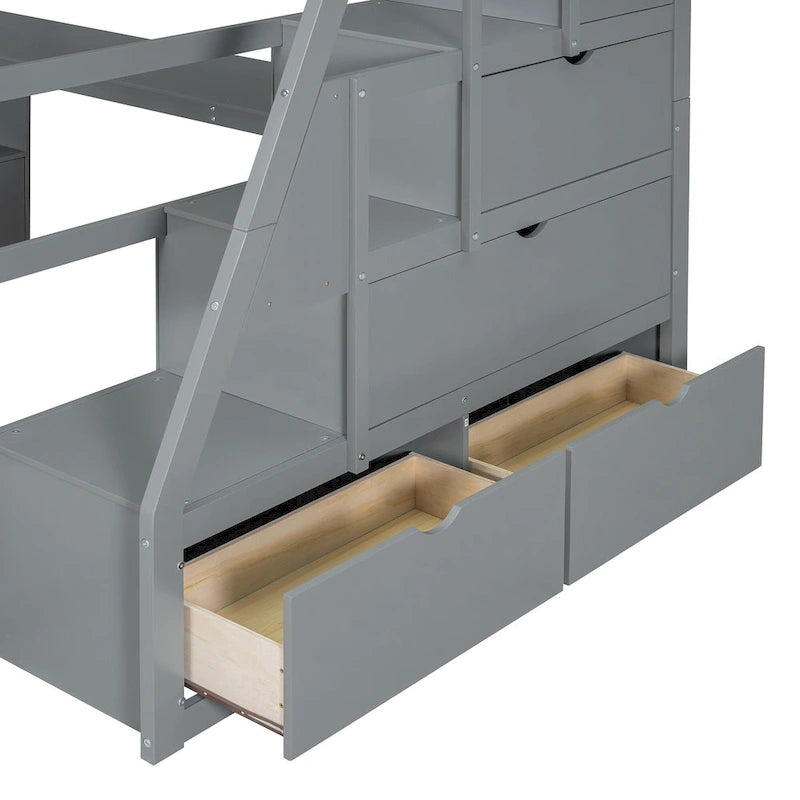 Gray Full Pine Loft Bed with Desk and Storage
