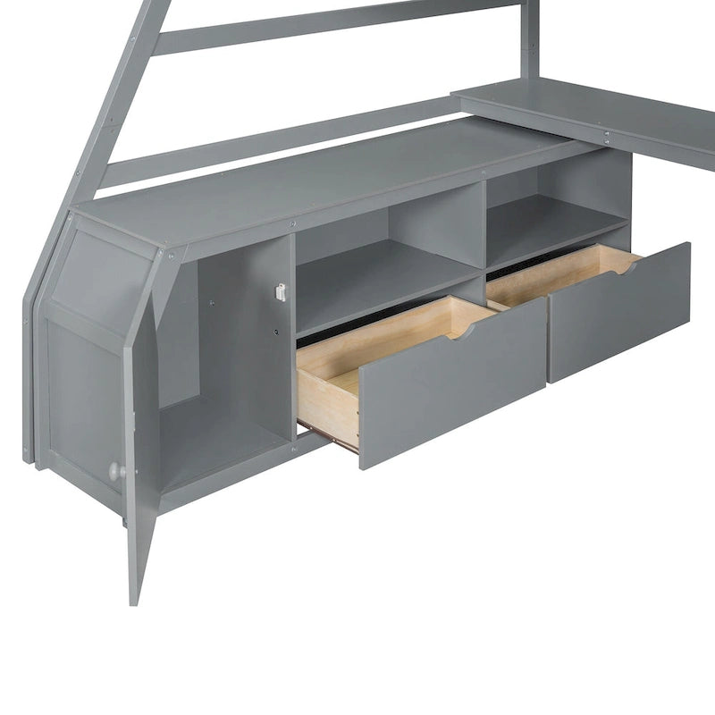 Gray Full Pine Loft Bed with Desk and Storage