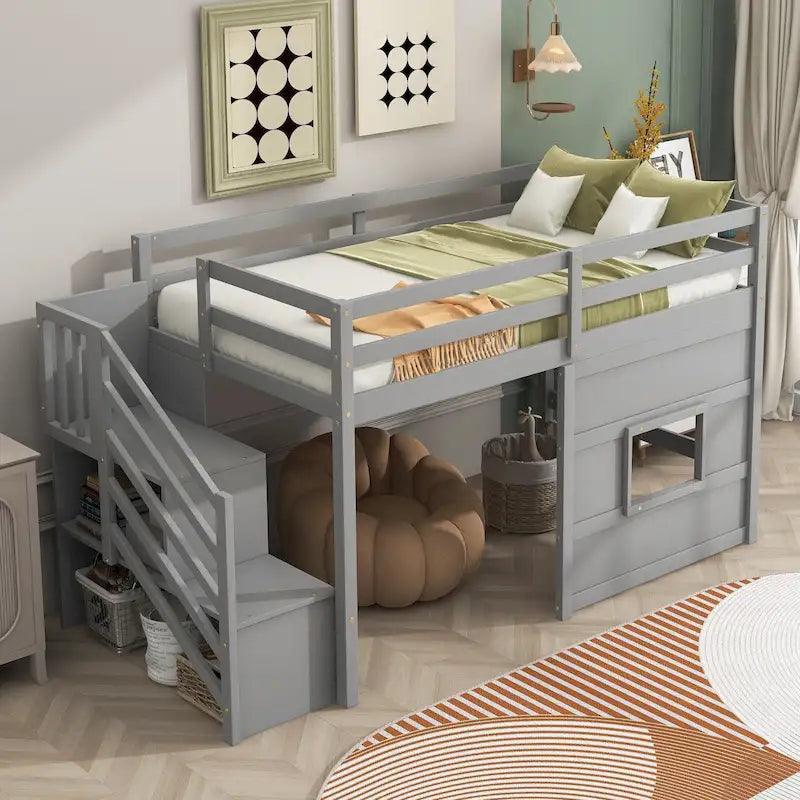 Gray Twin Pine Loft Bed with Storage Staircase, Window, and Guardrail