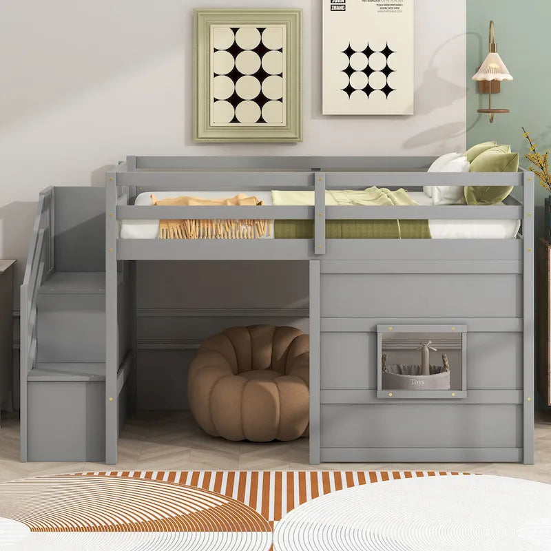 Gray Twin Pine Loft Bed with Storage Staircase, Window, and Guardrail