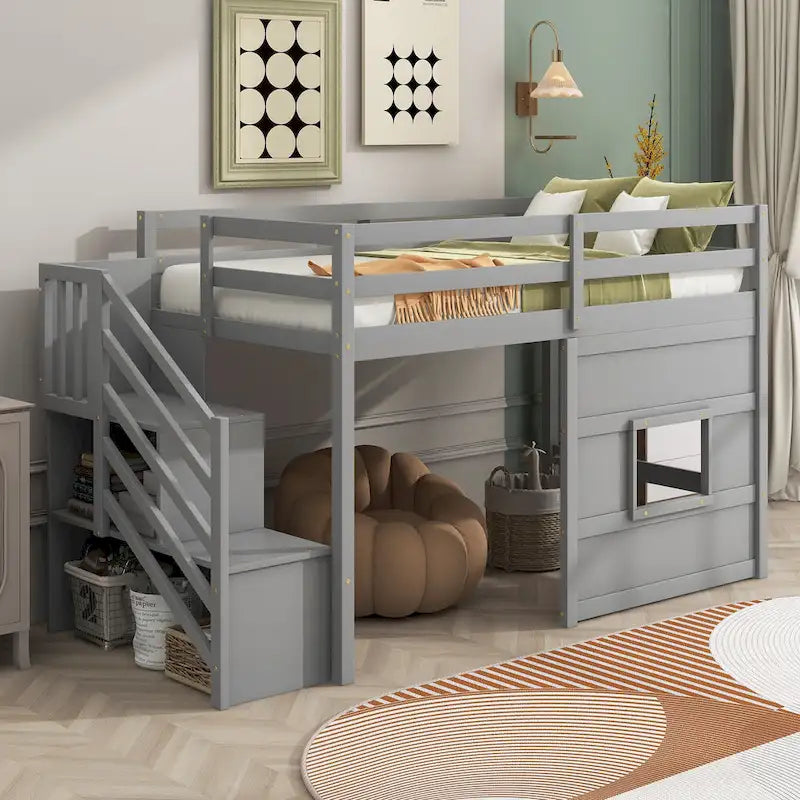 Gray Twin Pine Loft Bed with Storage Staircase, Window, and Guardrail