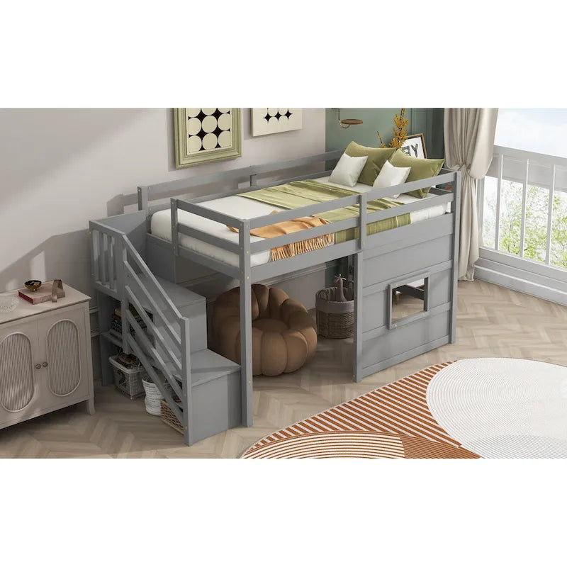 Gray Twin Pine Loft Bed with Storage Staircase, Window, and Guardrail