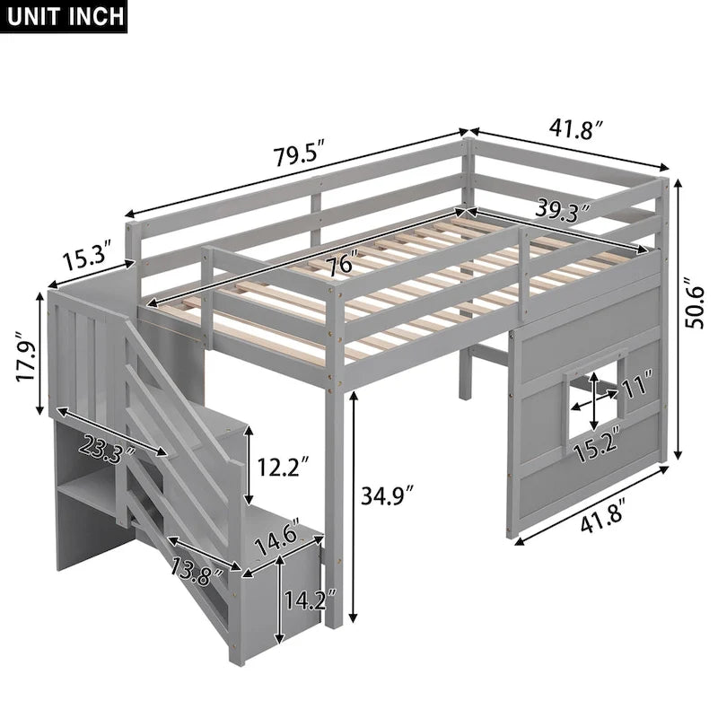 Gray Twin Pine Loft Bed with Storage Staircase, Window, and Guardrail