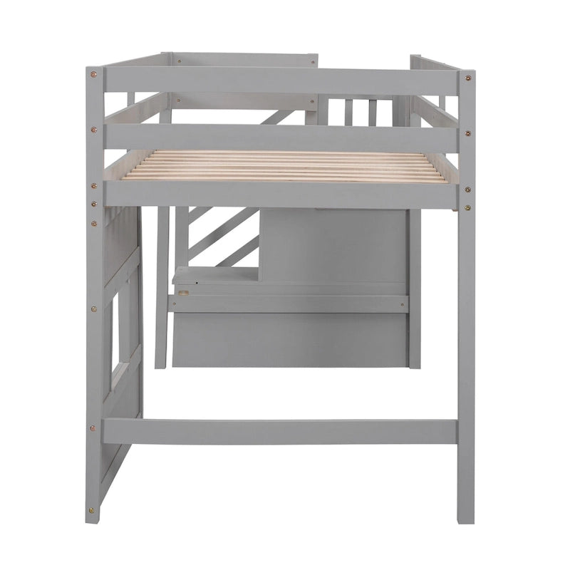 Gray Twin Pine Loft Bed with Storage Staircase, Window, and Guardrail