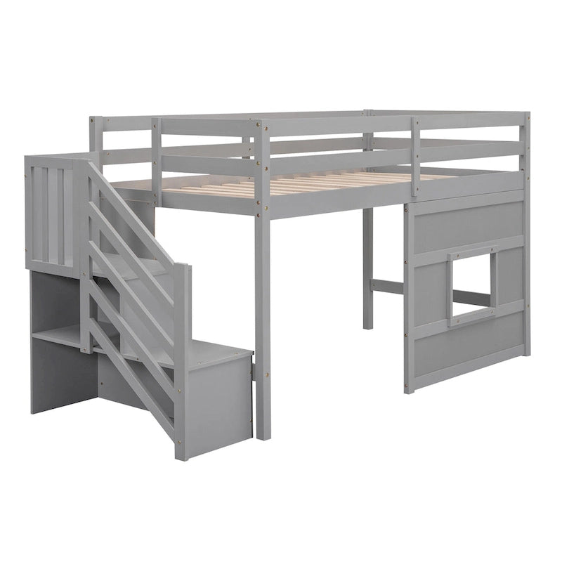 Gray Twin Pine Loft Bed with Storage Staircase, Window, and Guardrail