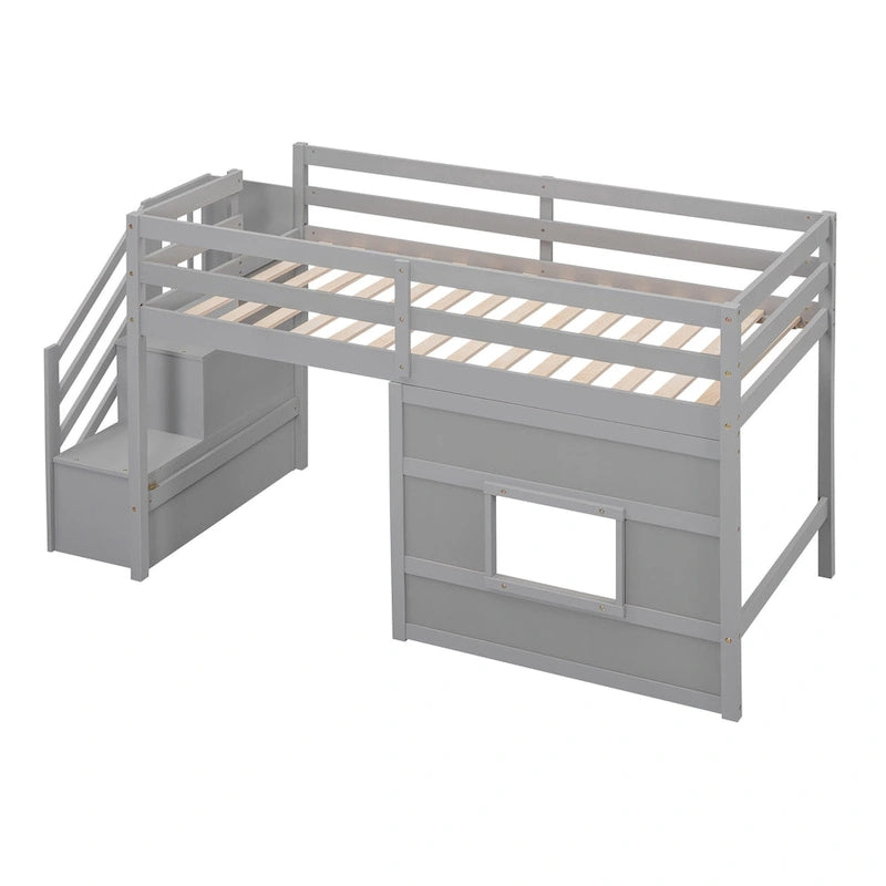 Gray Twin Pine Loft Bed with Storage Staircase, Window, and Guardrail