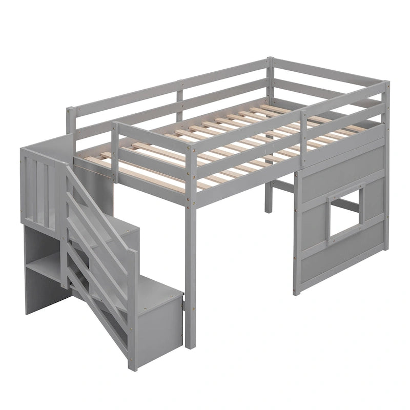 Gray Twin Pine Loft Bed with Storage Staircase, Window, and Guardrail