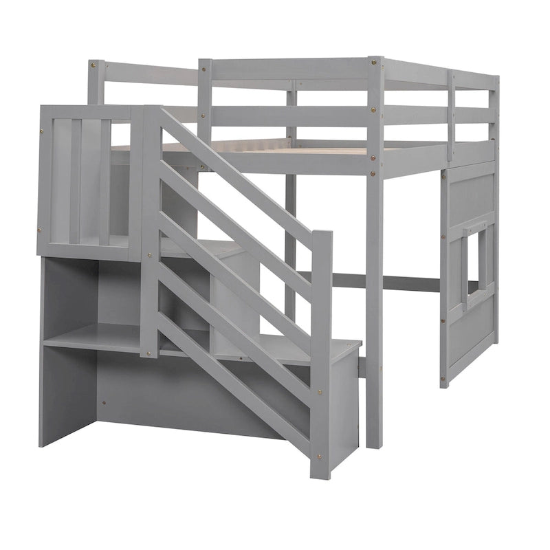 Gray Twin Pine Loft Bed with Storage Staircase, Window, and Guardrail