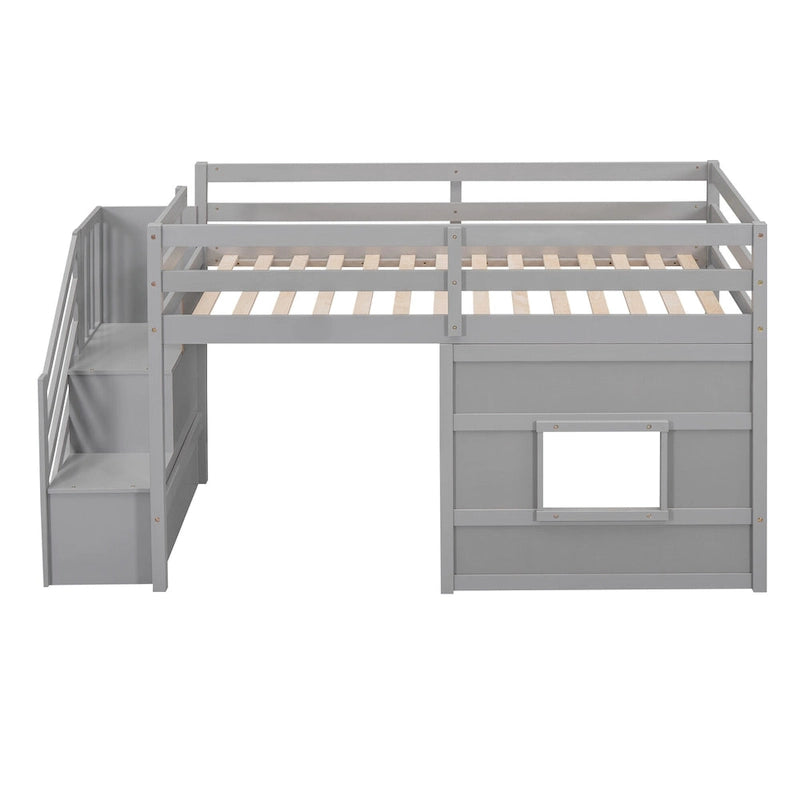 Gray Twin Pine Loft Bed with Storage Staircase, Window, and Guardrail