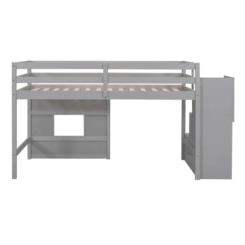 Gray Twin Pine Loft Bed with Storage Staircase, Window, and Guardrail