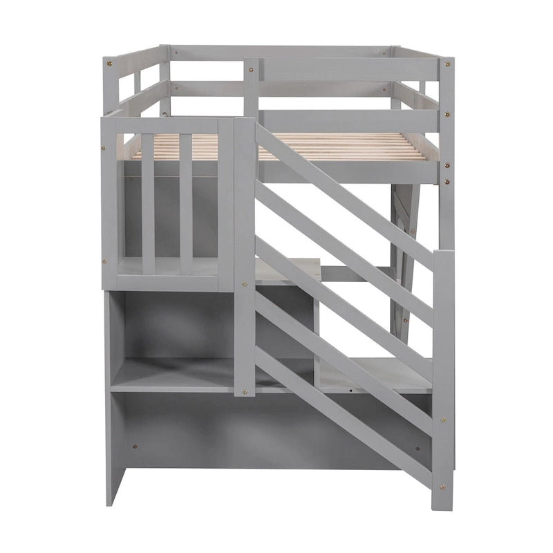 Gray Twin Pine Loft Bed with Storage Staircase, Window, and Guardrail