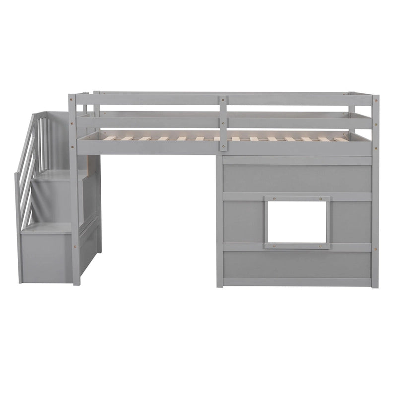 Gray Twin Pine Loft Bed with Storage Staircase, Window, and Guardrail