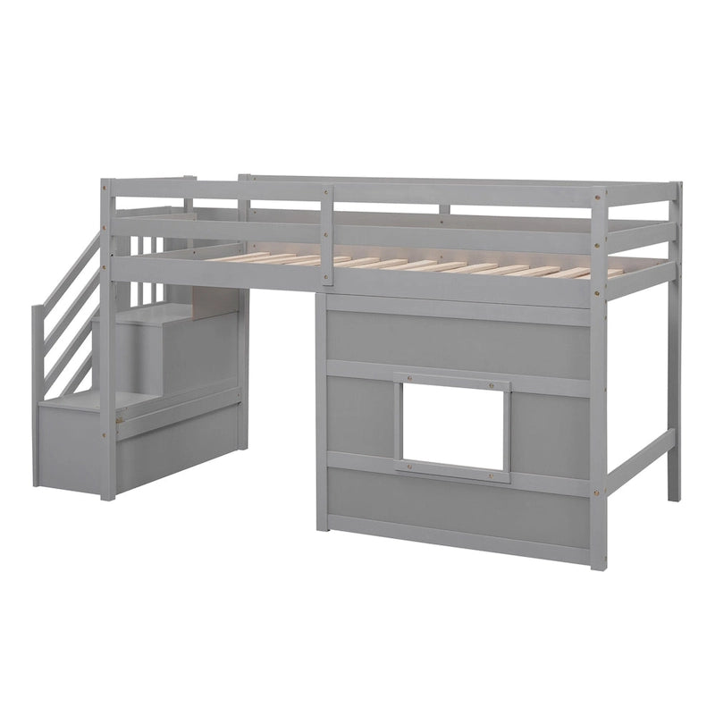 Gray Twin Pine Loft Bed with Storage Staircase, Window, and Guardrail