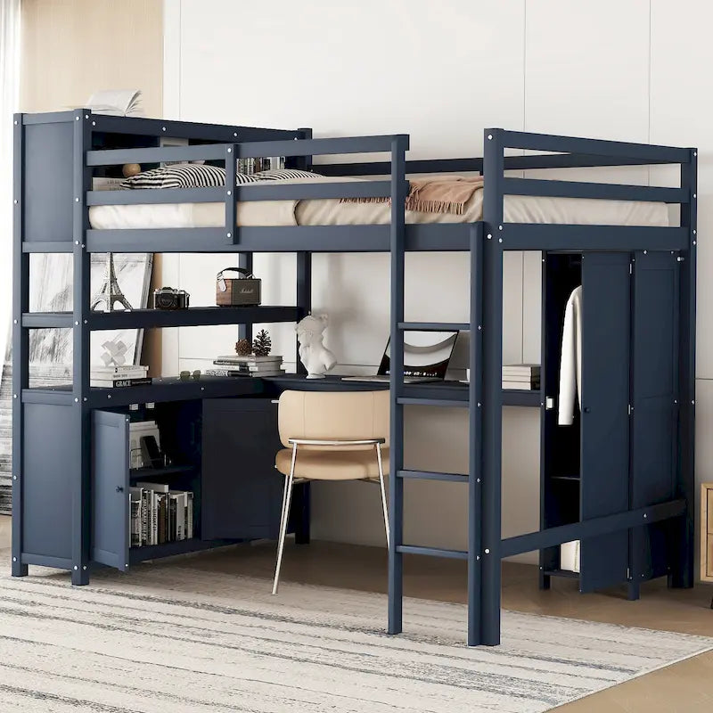 Full Pine Wood Loft Bed with Cabinet & Desk