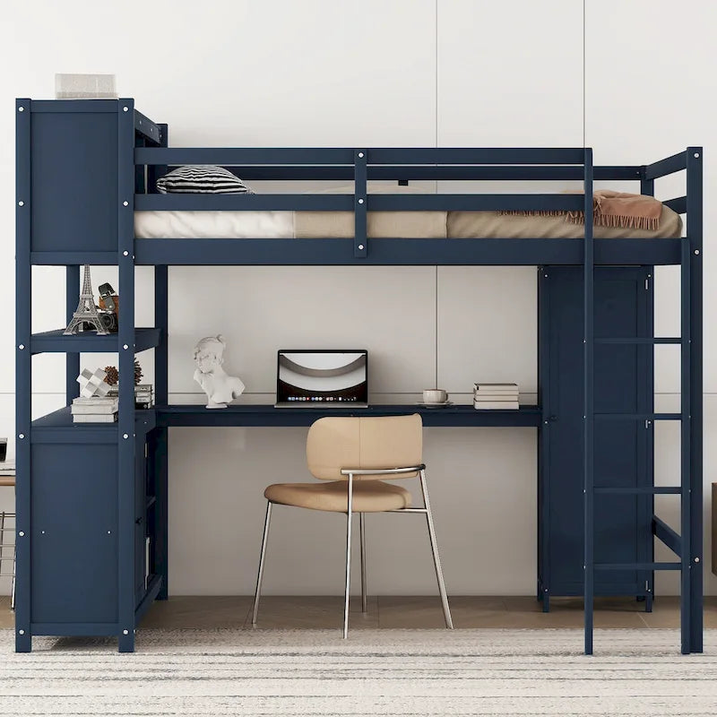 Full Pine Wood Loft Bed with Cabinet & Desk