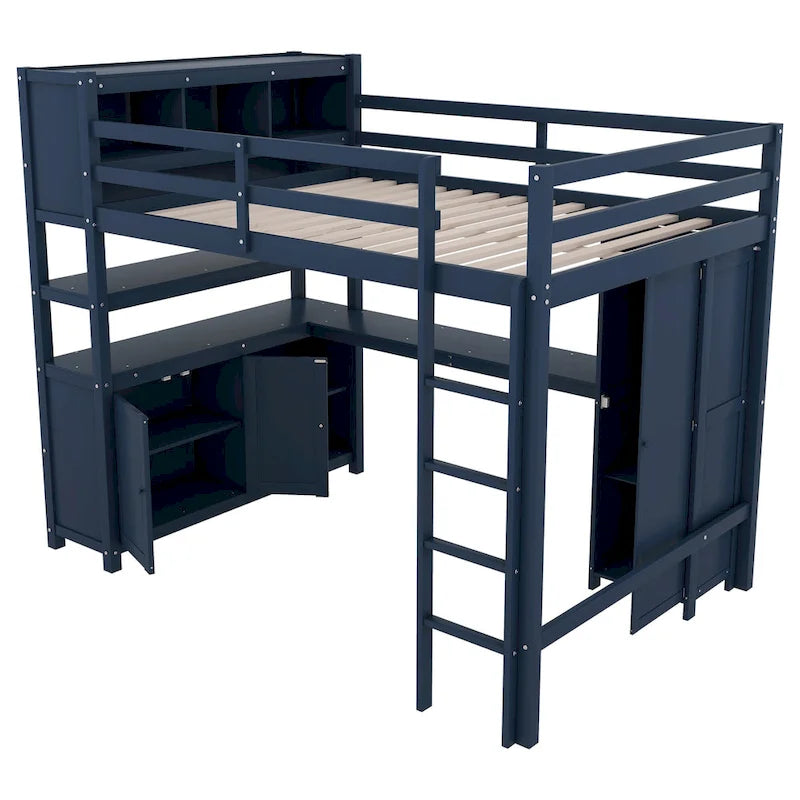 Full Pine Wood Loft Bed with Cabinet & Desk