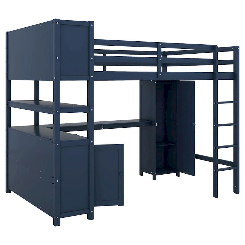 Full Pine Wood Loft Bed with Cabinet & Desk