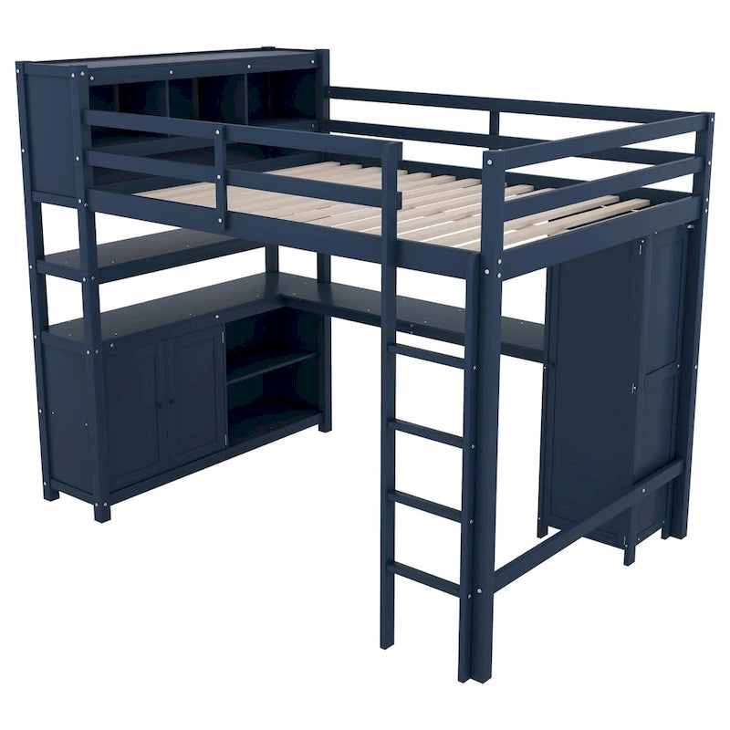 Full Pine Wood Loft Bed with Cabinet & Desk
