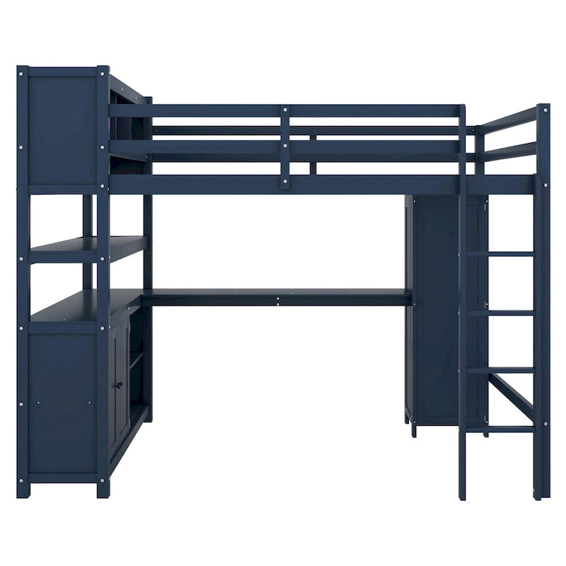 Full Pine Wood Loft Bed with Cabinet & Desk
