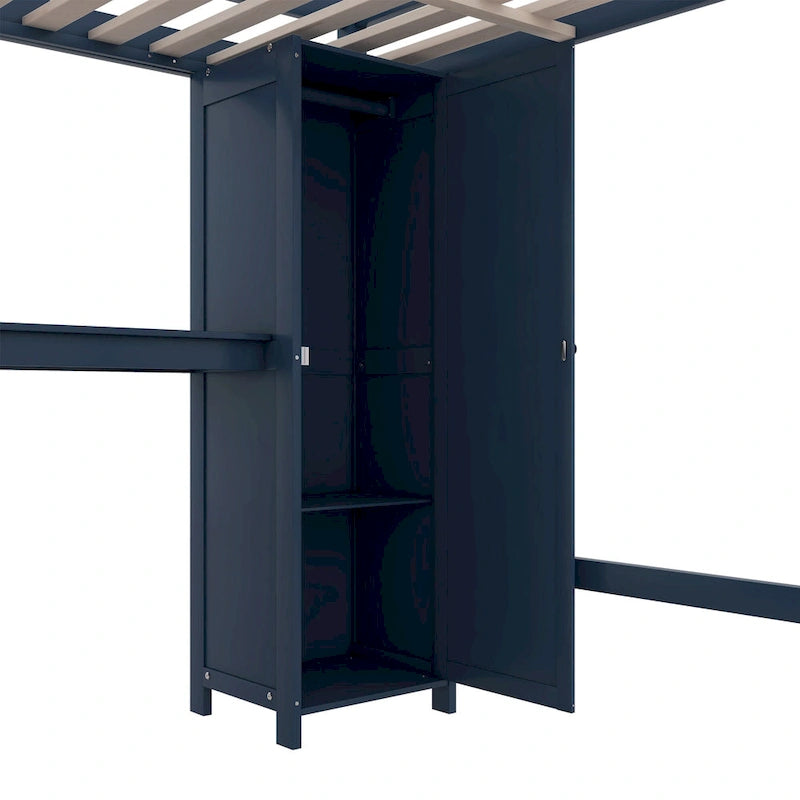 Full Pine Wood Loft Bed with Cabinet & Desk
