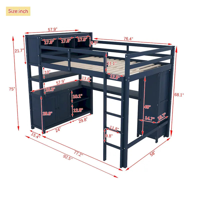 Full Pine Wood Loft Bed with Cabinet & Desk