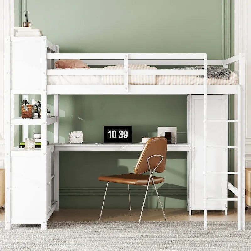 Full Pine Wood Loft Bed with Cabinet & Desk
