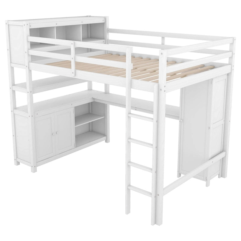 Full Pine Wood Loft Bed with Cabinet & Desk