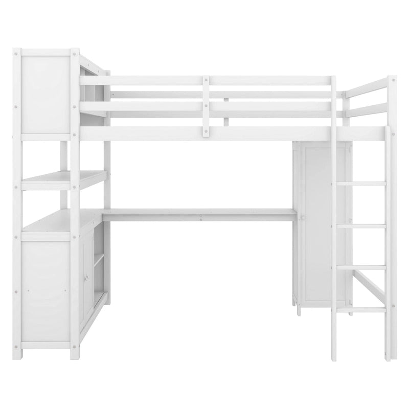 Full Pine Wood Loft Bed with Cabinet & Desk