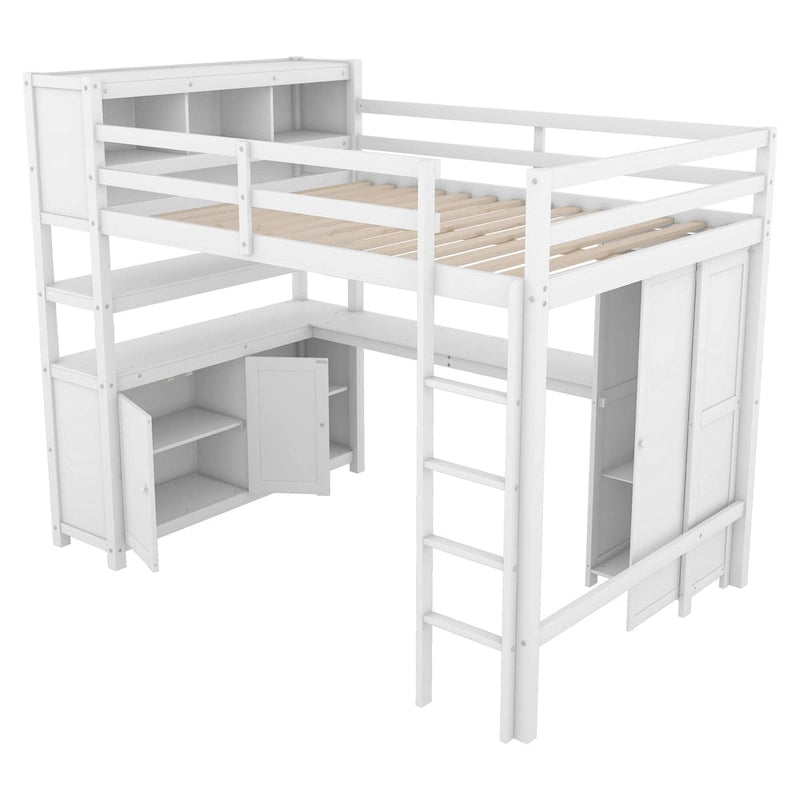 Full Pine Wood Loft Bed with Cabinet & Desk