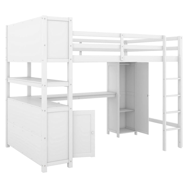 Full Pine Wood Loft Bed with Cabinet & Desk