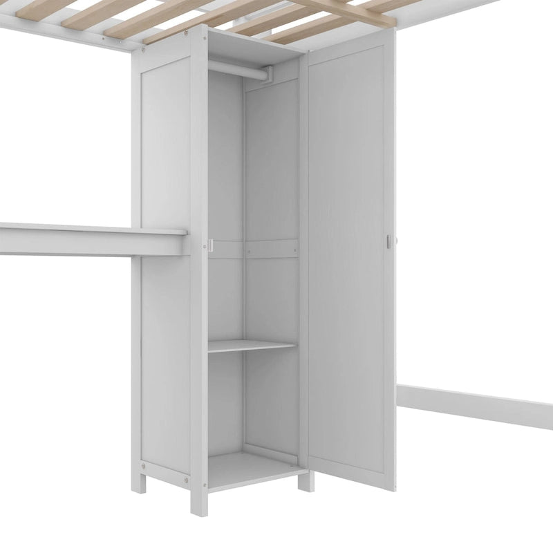 Full Pine Wood Loft Bed with Cabinet & Desk