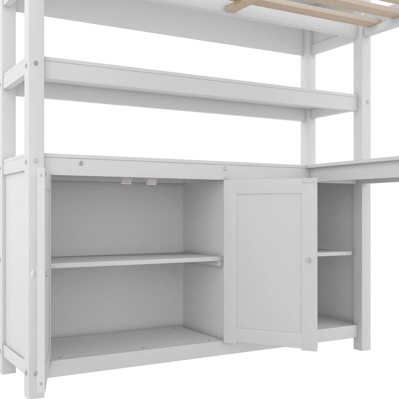 Full Pine Wood Loft Bed with Cabinet & Desk