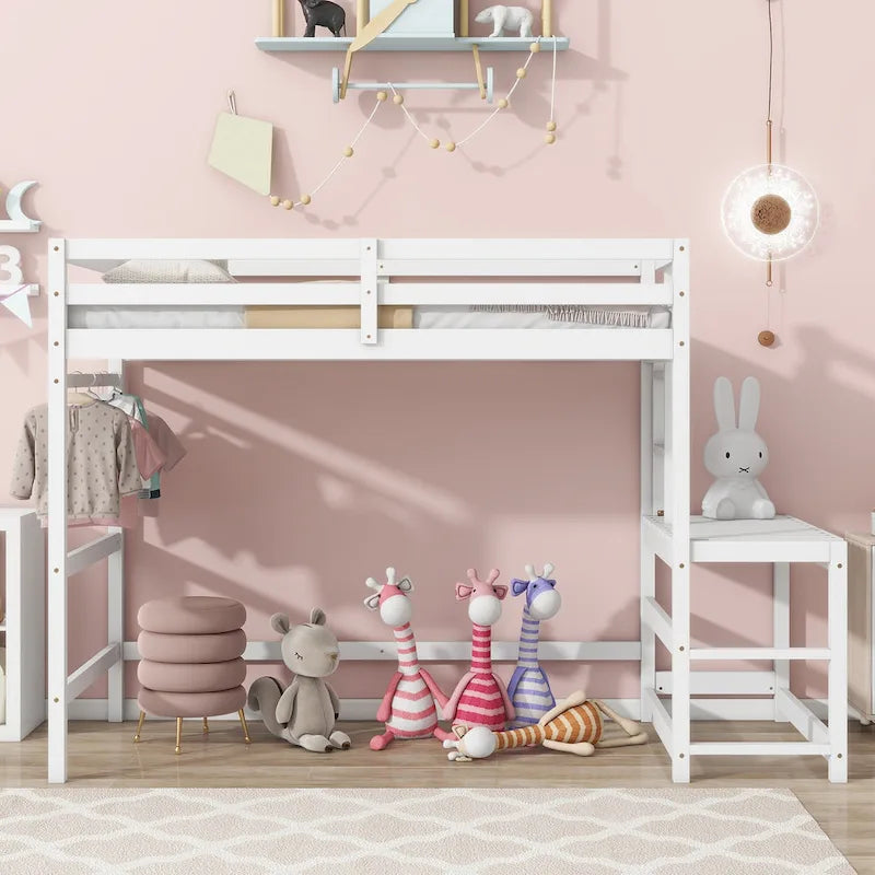 Twin Size Pine Wood High Loft Bed with Ladder and Guardrails