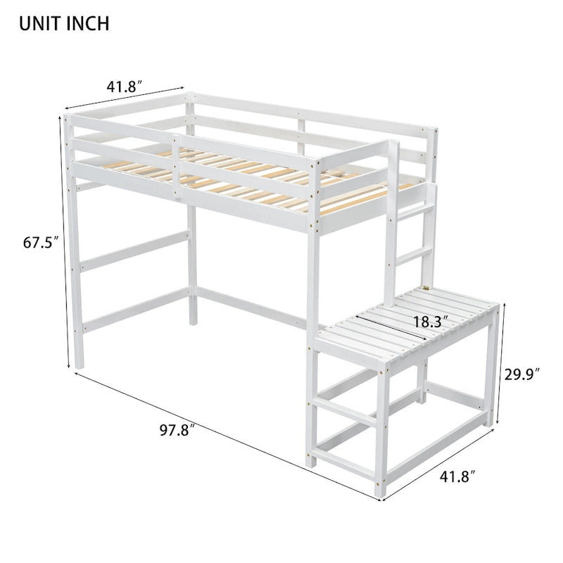 Twin Size Pine Wood High Loft Bed with Ladder and Guardrails