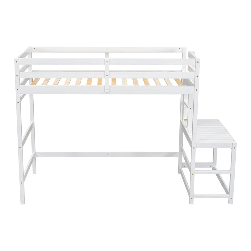 Twin Size Pine Wood High Loft Bed with Ladder and Guardrails