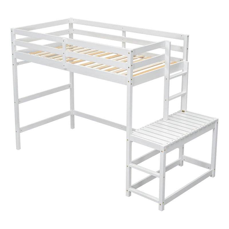 Twin Size Pine Wood High Loft Bed with Ladder and Guardrails