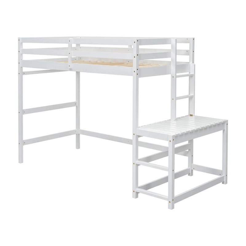 Twin Size Pine Wood High Loft Bed with Ladder and Guardrails
