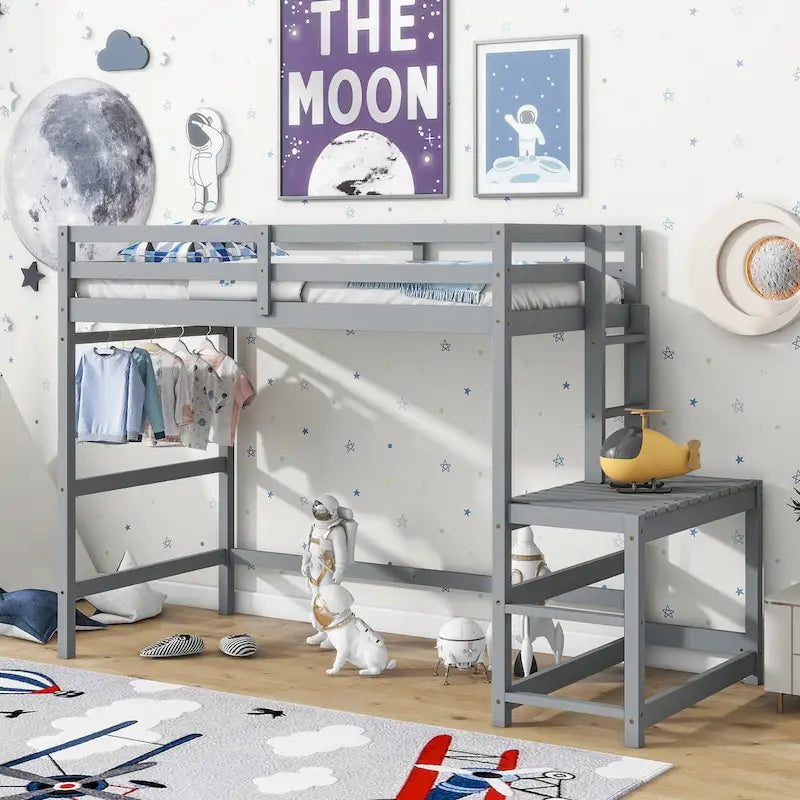Twin Size Pine Wood High Loft Bed with Ladder and Guardrails