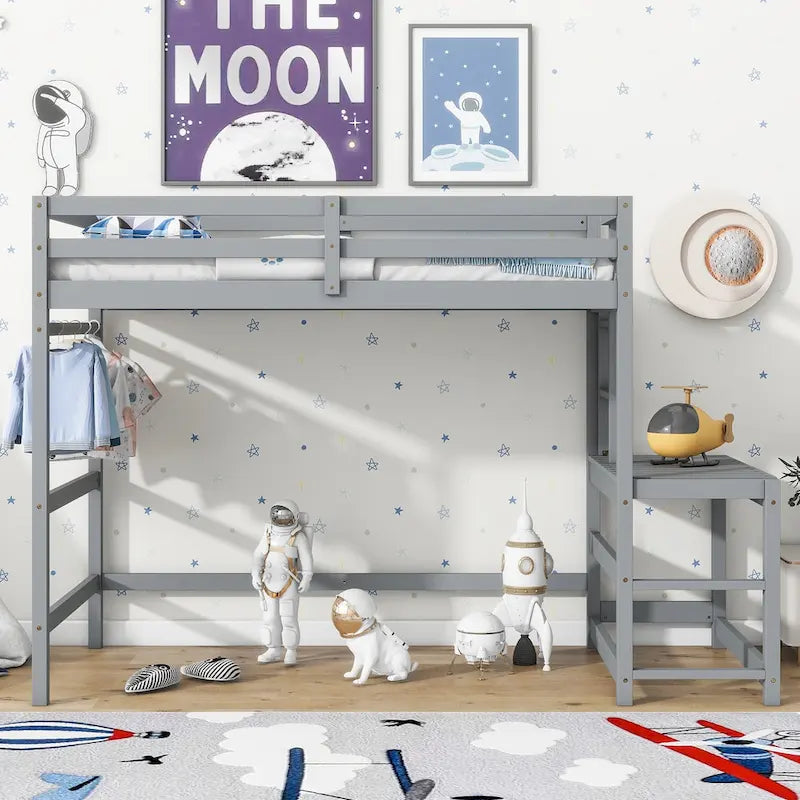 Twin Size Pine Wood High Loft Bed with Ladder and Guardrails