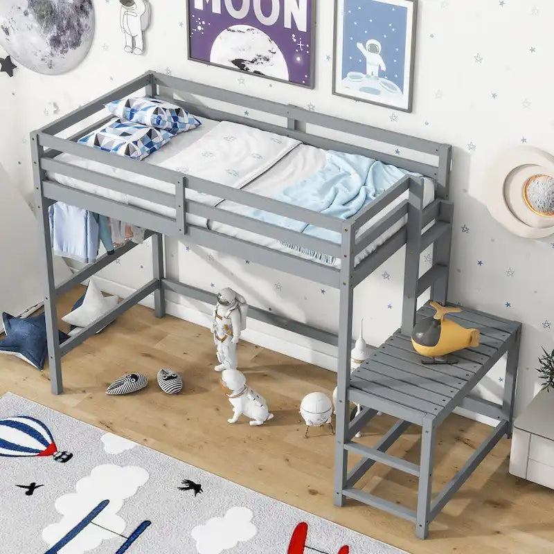 Twin Size Pine Wood High Loft Bed with Ladder and Guardrails